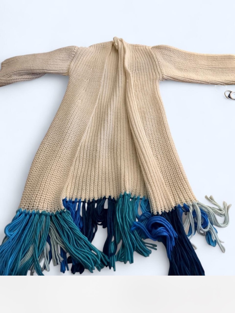 NWT Anthropologie Beige Knit blue Fringe Open long Cardigan Sweater - Neutral